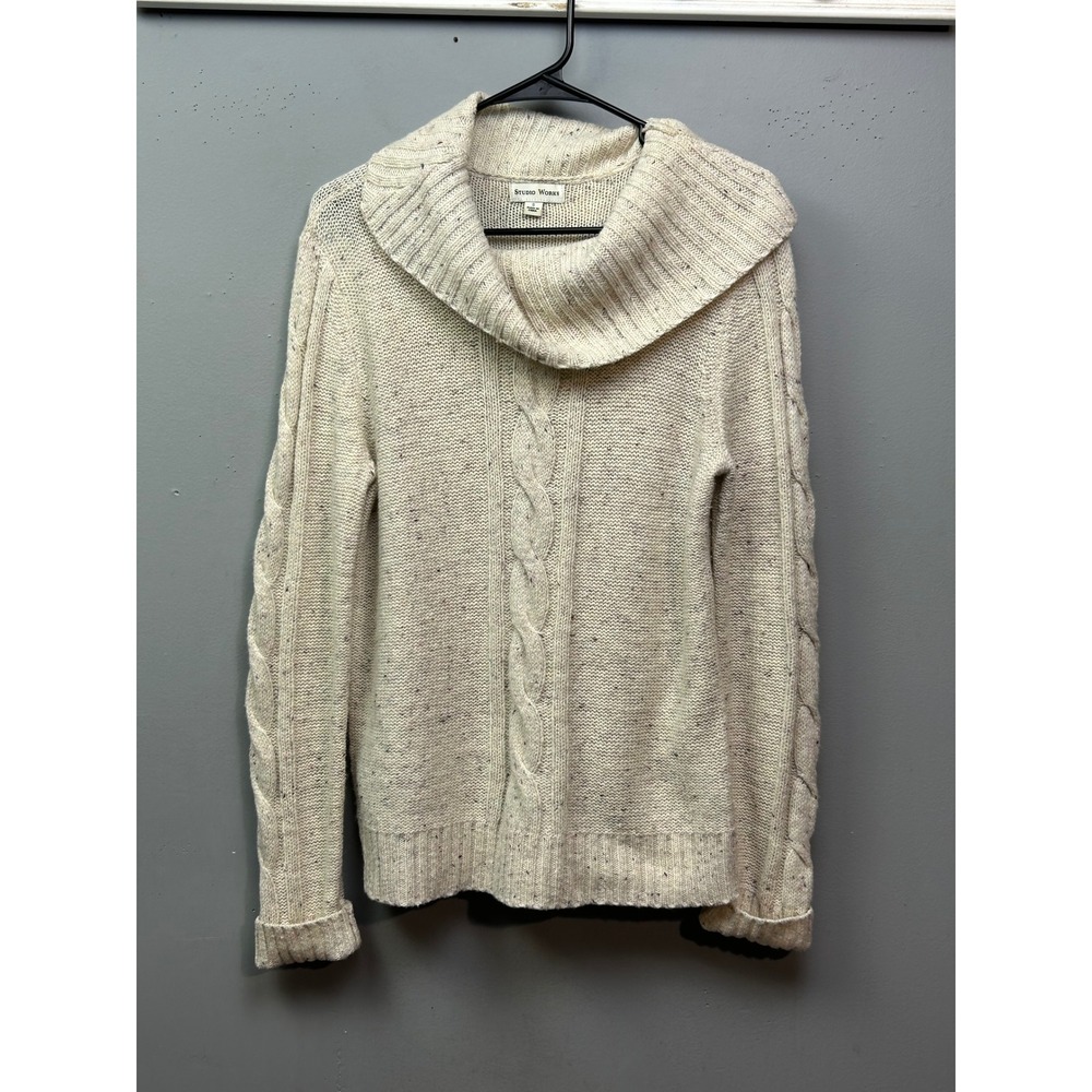 Studio Works Womens Sweater Small S Cable Knit Cream Wool Blend Cowl Neck
